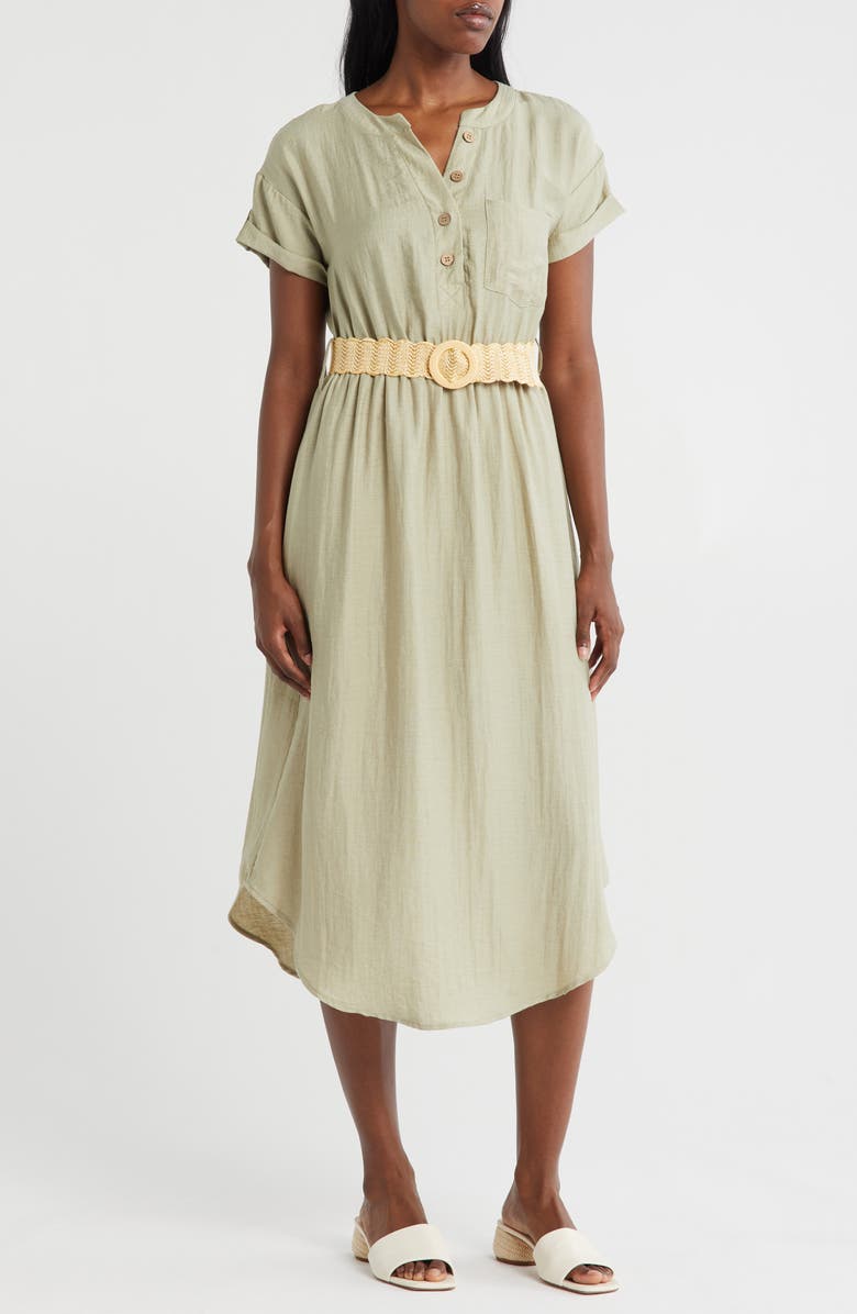 ZOE AND CLAIRE Short Sleeve Belted Shirtdress, Main, color, Light Olive