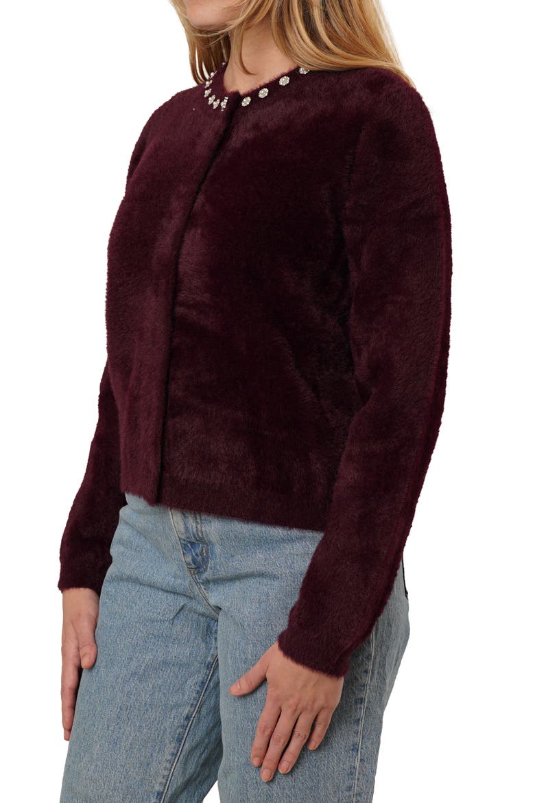 Embellished Fuzzy Cardigan, Alternate, color, DEEP WINE