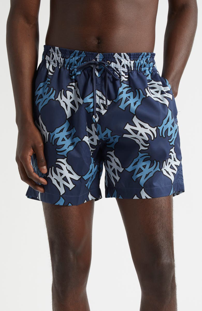 AMIRI MA Quad Monogram Print Swim Trunks, Main, color, Midnight Blue