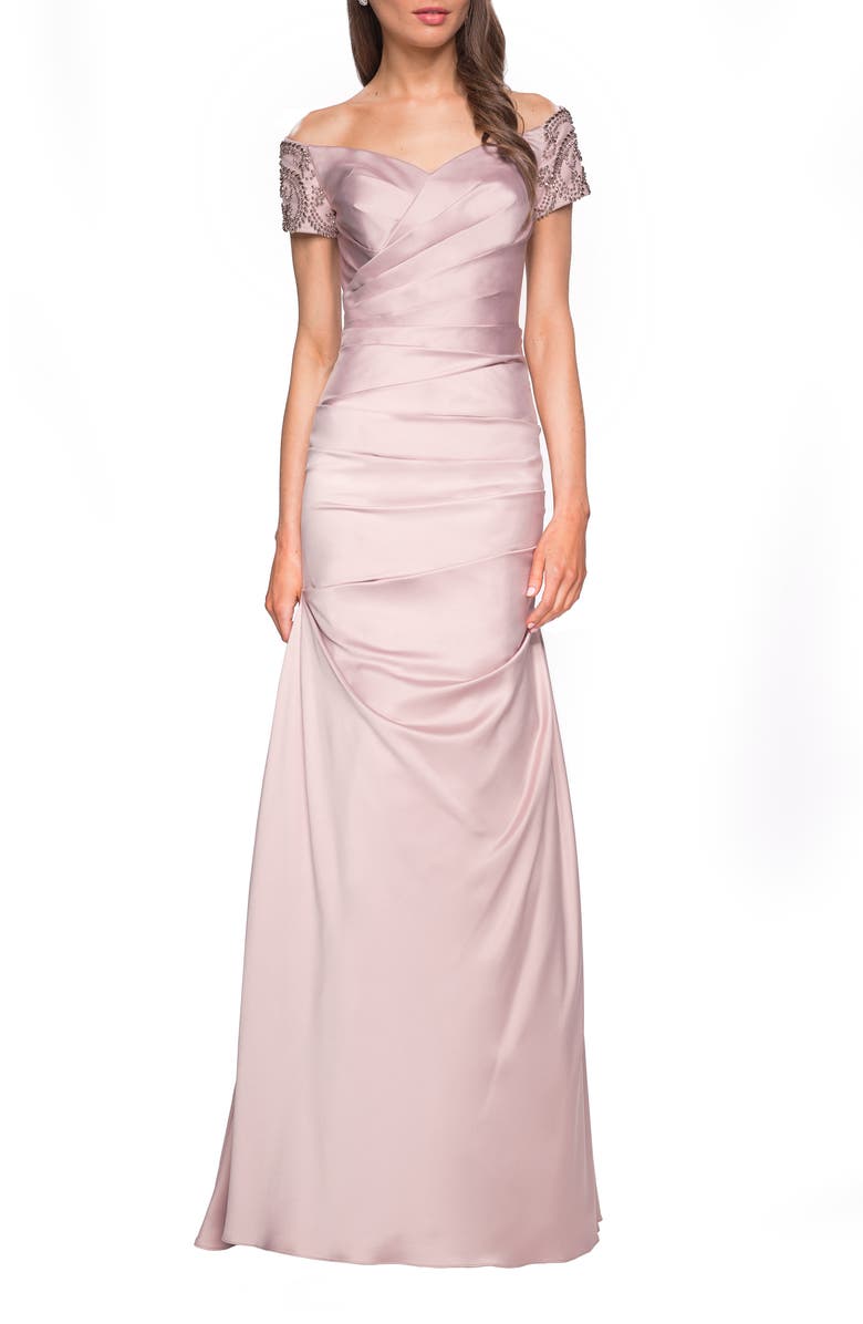 La Femme Satin Off the Shoulder Dress with Beaded Sleeves, Alternate, color, Champagne