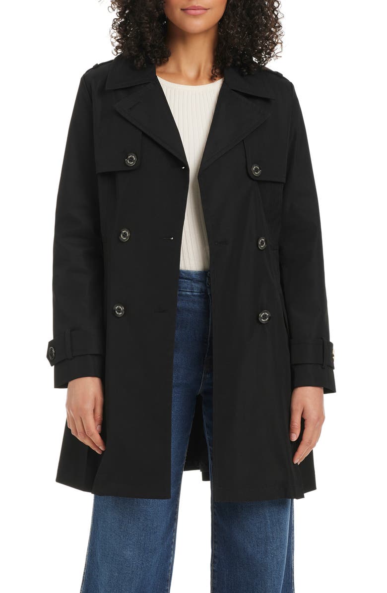 Kate Spade New York belted double breasted pleated trench coat, Alternate, color, Black