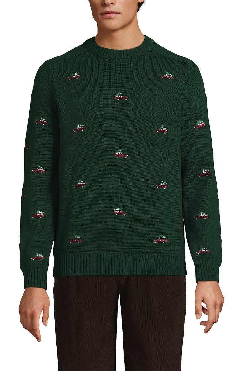 Lands' End Classic Cotton Drifter Signal Flags Crew Neck Sweater, Alternate, color, Christmas Cars/Pine Valley