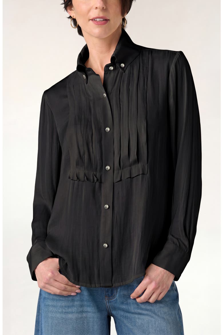 Tuxedo Pleated Button Front Shirt, Main, color, BLACK