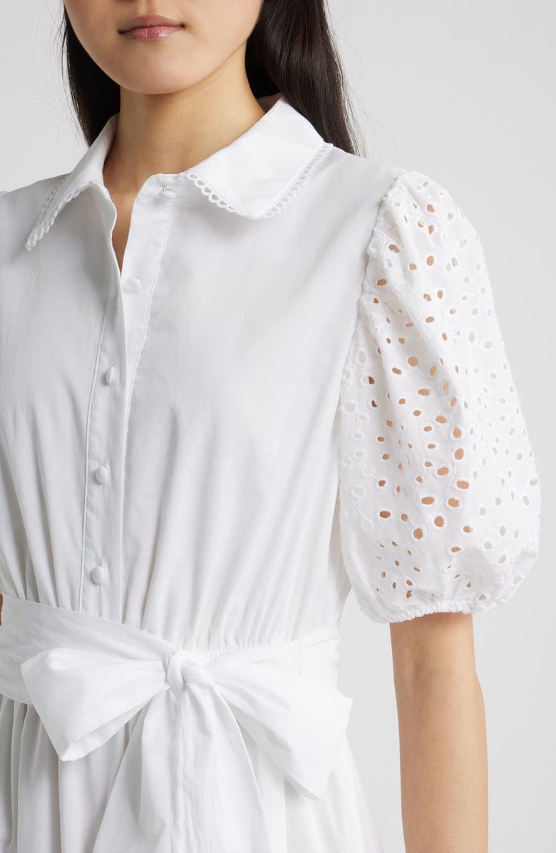 Anne Klein Eyelet Tie Waist Puff Sleeve Midi Dress, Alternate, color, Crisp White