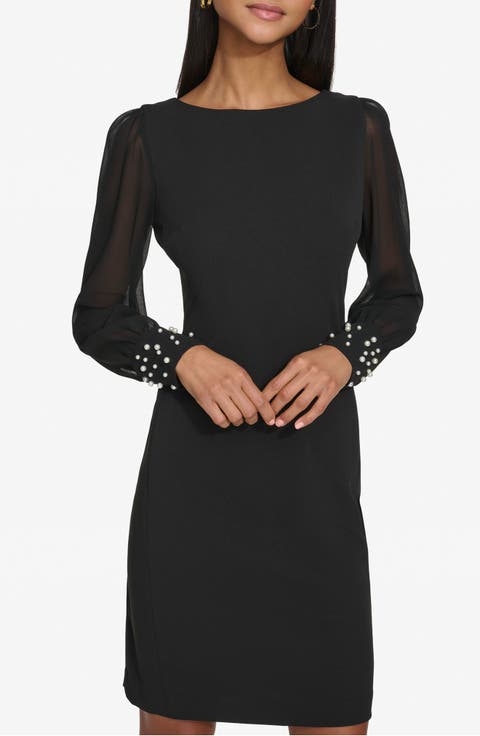 Faux Pearl Cuff Long Sleeve Scuba Crepe Sheath Dress