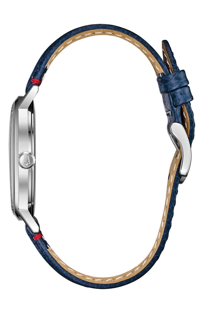 BULOVA Three Hand Quartz Leather Strap Watch, 39mm, Alternate, color, Blue