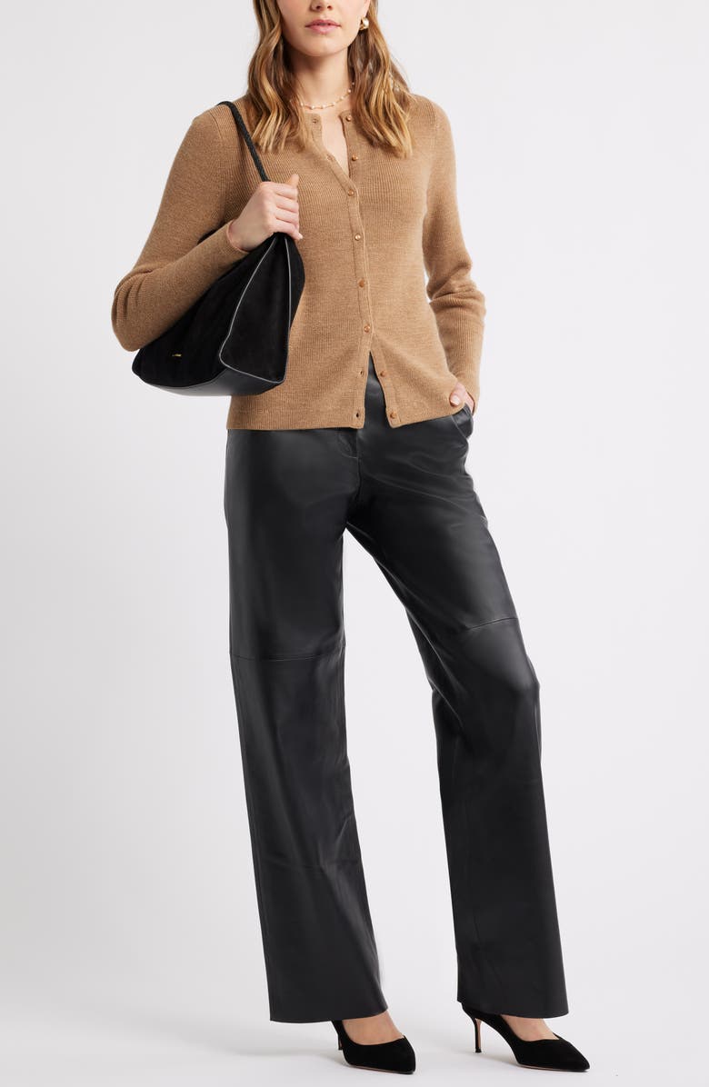 Caslon<sup>®</sup> Crewneck Merino Wool Blend Cardigan, Alternate, color, Tan Camel Dark Heather