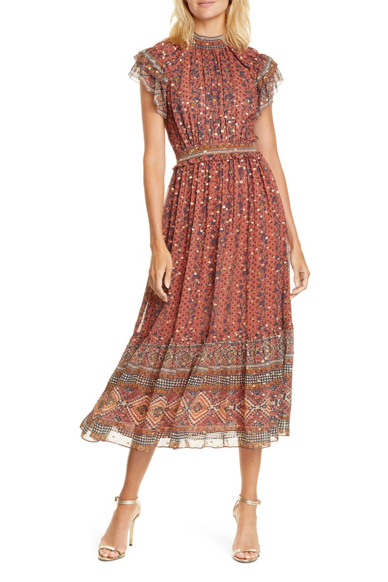 Alastair Jacquard Dot Silk Blend Midi Dress, Main, color, BRICK