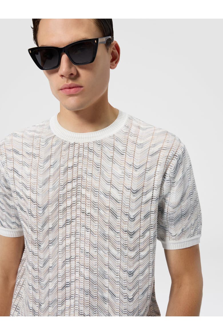 Openwork Cotton And Viscose Knit T-shirt, Alternate, color, White & Beige