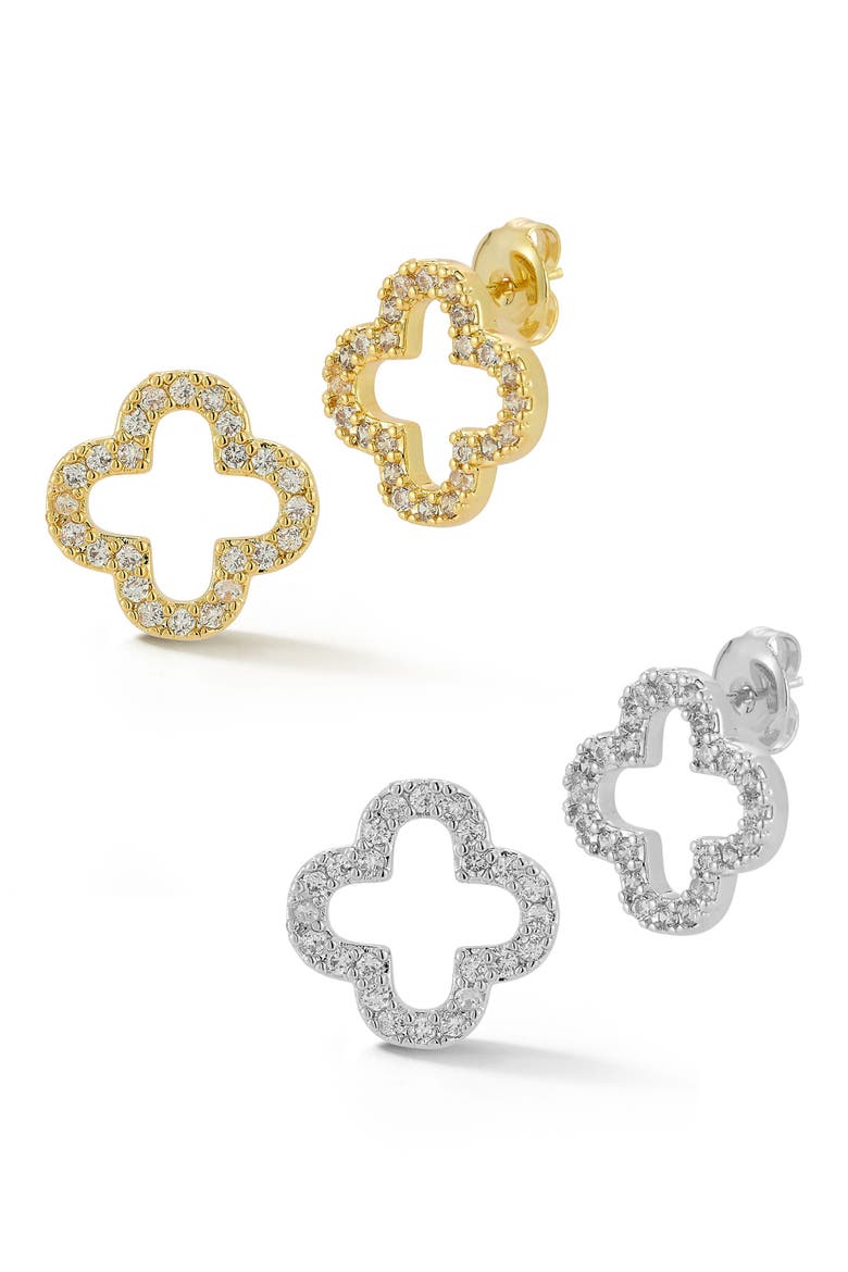 Set of 2 Two-Tone Cubic Zirconia Open Clover Stud Earrings, Main, color, TWO TONE