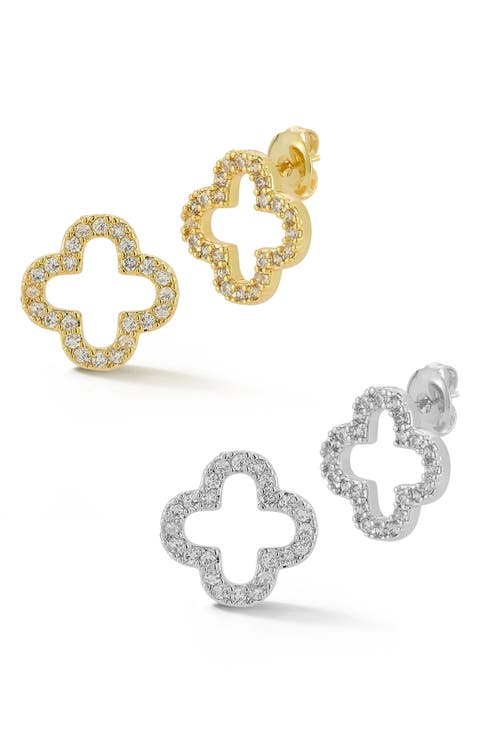 Set of 2 Two-Tone Cubic Zirconia Open Clover Stud Earrings
