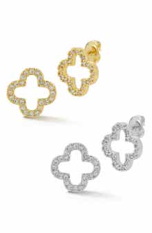 Set of 2 Two-Tone Cubic Zirconia Open Clover Stud Earrings