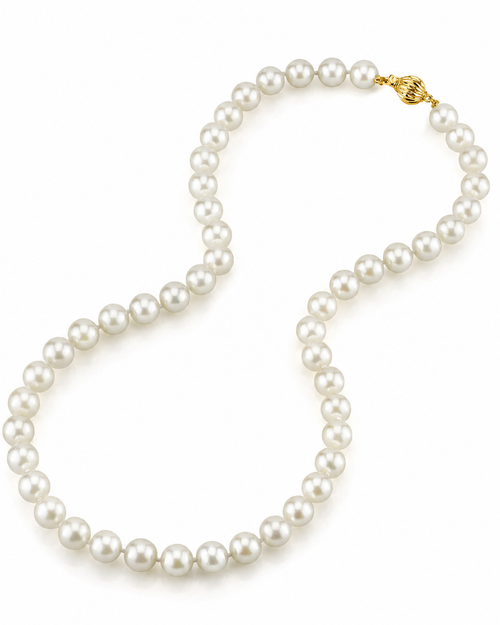 The Pearl Source Gia Certified 8.0-8.5mm Japanese Akoya White Pearl Necklace In Yellow Gold Clasp