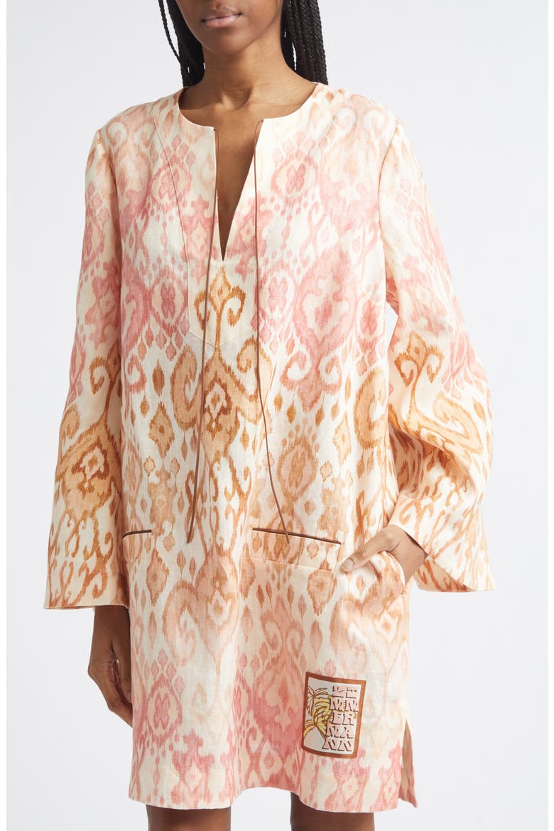Aster Print Long Sleeve Linen Shift Dress, Alternate, color, PINK IKAT