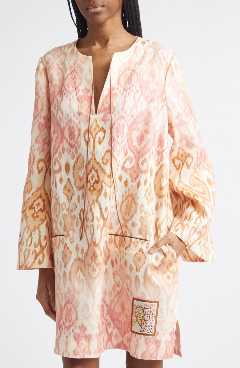 Zimmermann Aster Print Long Sleeve Linen Shift Dress, Alternate, color, Pink Ikat