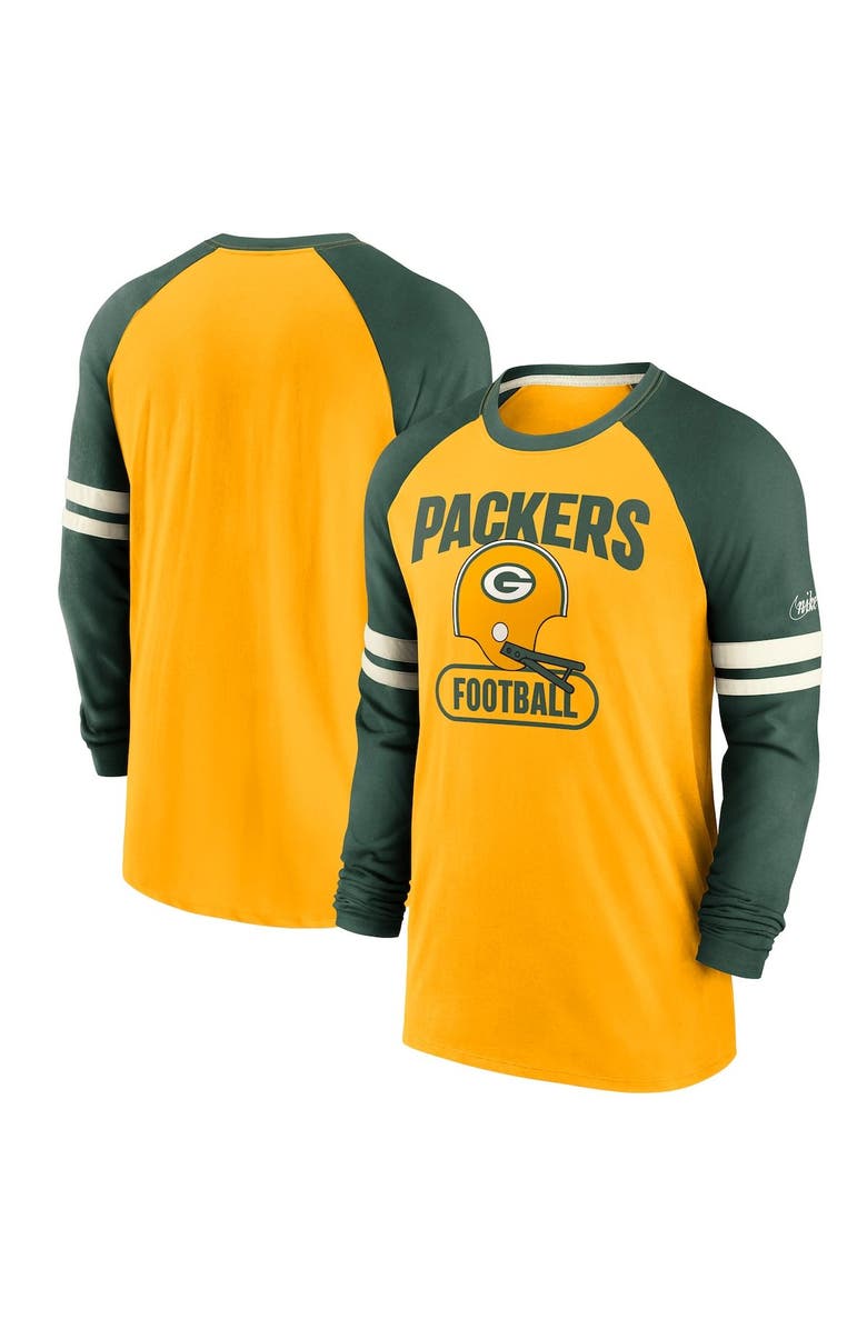 Nike Men's Nike Gold/Green Green Bay Packers Throwback Raglan Long Sleeve T-Shirt, Main, color,