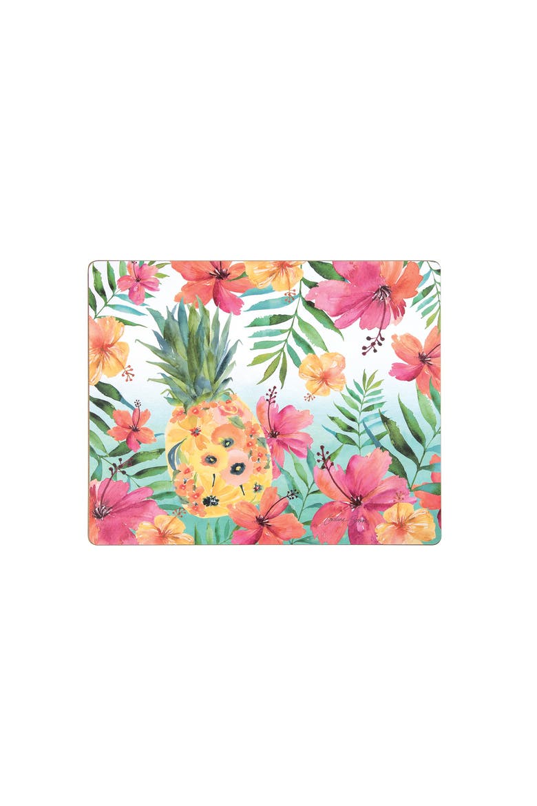 Pineapple Summer Flowers Hardboard Set of 6 Placemats 13" x 16", Main, color, Pink