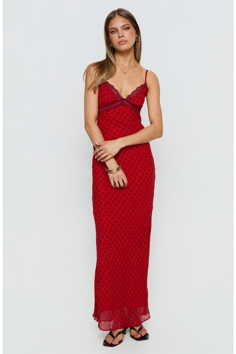 Adasia Polka Dot Lace Trim Maxi Dress, Alternate, color, RED POLKA DOT
