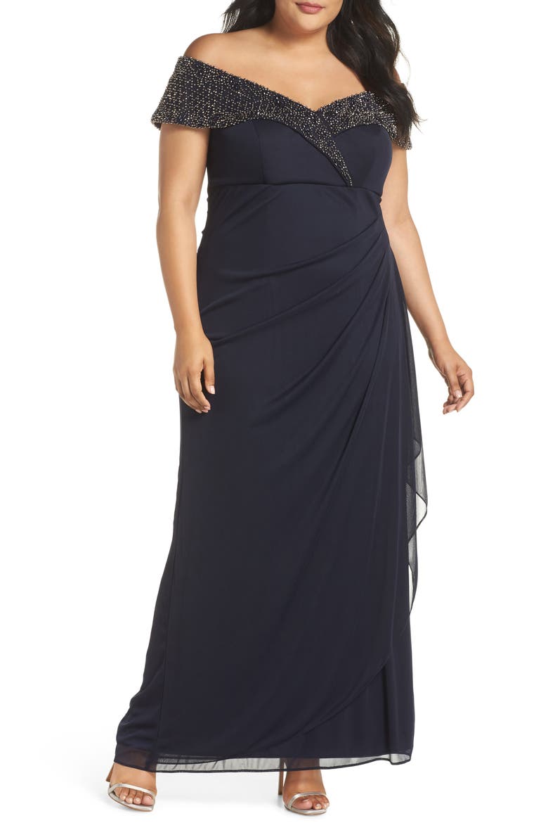 Xscape Beaded Off the Shoulder Column Gown, Main, color, NAVY/ GUNMETAL