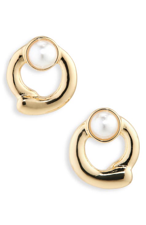 Faux Pearl Front Hoop Earrings