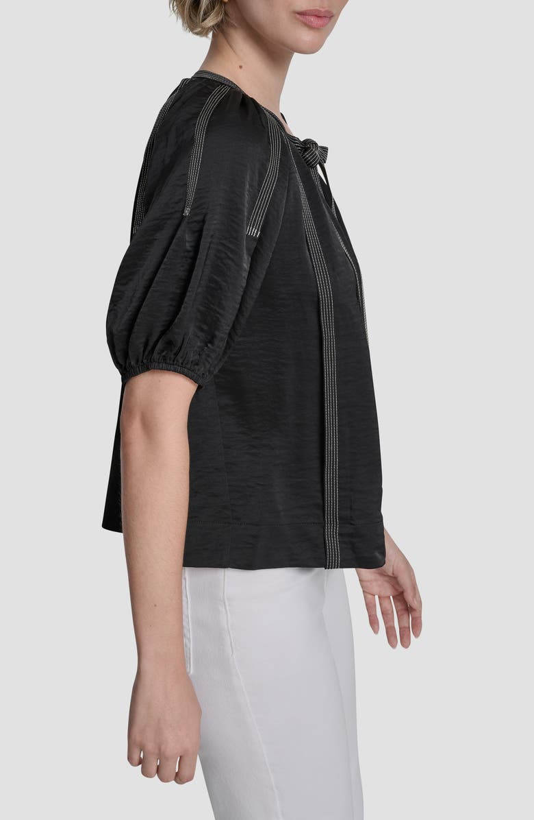 DKNY Puff Sleeve Contrast Stitch Tie Front Top, Alternate, color, Black