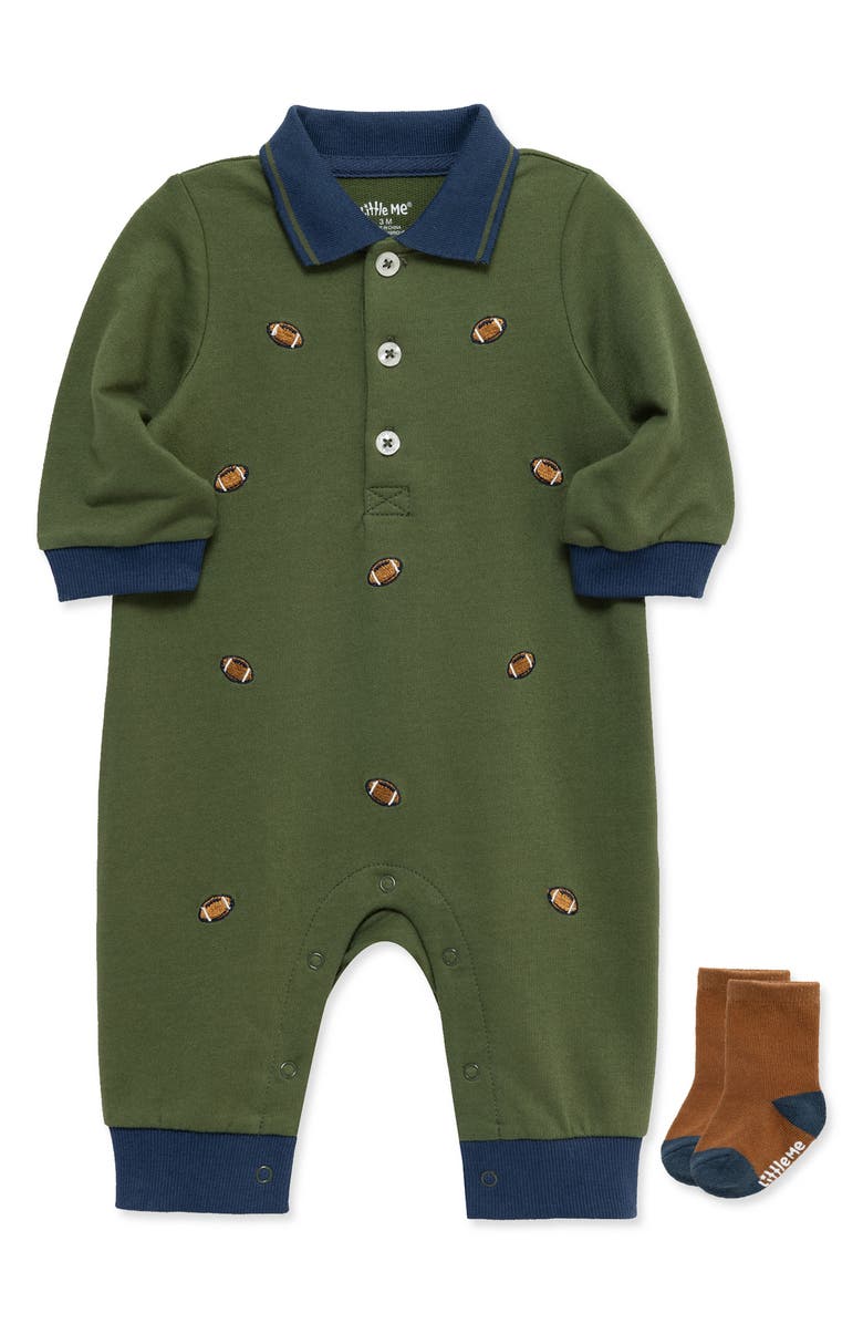 Little Me Football Romper & Socks Set, Alternate, color, Green