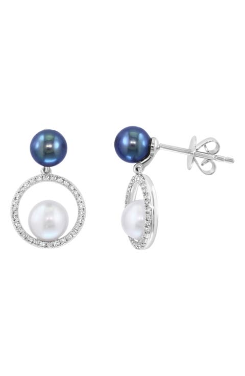 14K White Gold Freshwater Pearl & Diamond Circle Drop Earrings