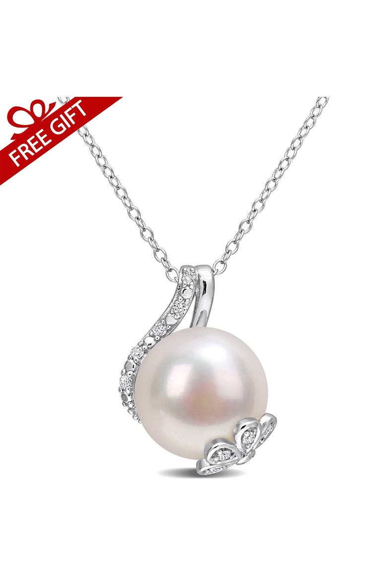 Sterling Silver Diamond & 12-12.5mm White Freshwater Pearl Pendant Necklace, Alternate, color, WHITE