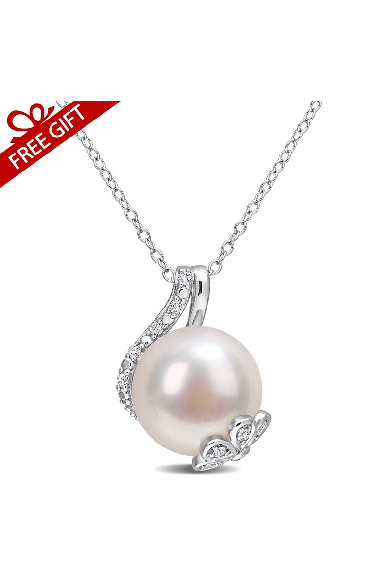 DELMAR Sterling Silver Diamond & 12-12.5mm White Freshwater Pearl Pendant Necklace, Alternate, color, White