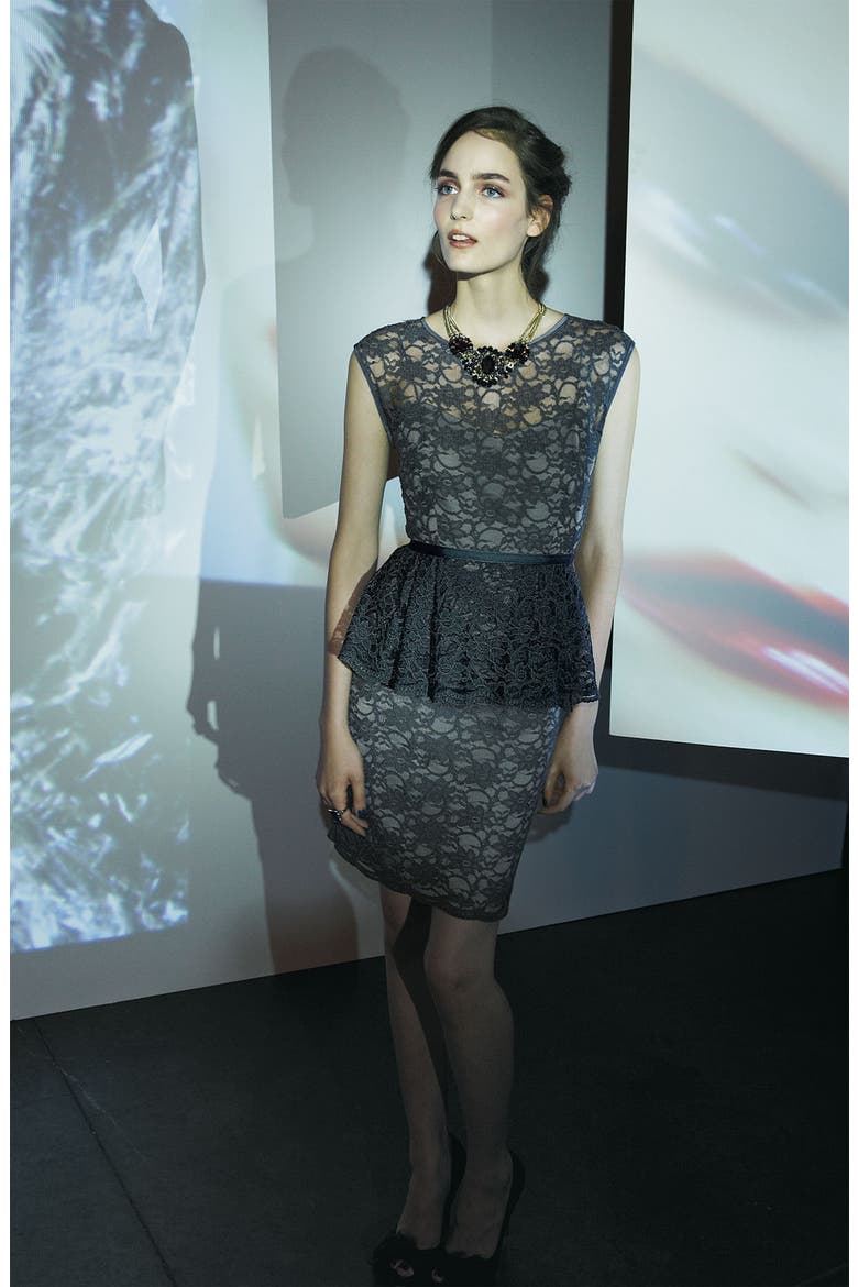 Peplum Lace Overlay Sheath Dress, Alternate, color, NAVY
