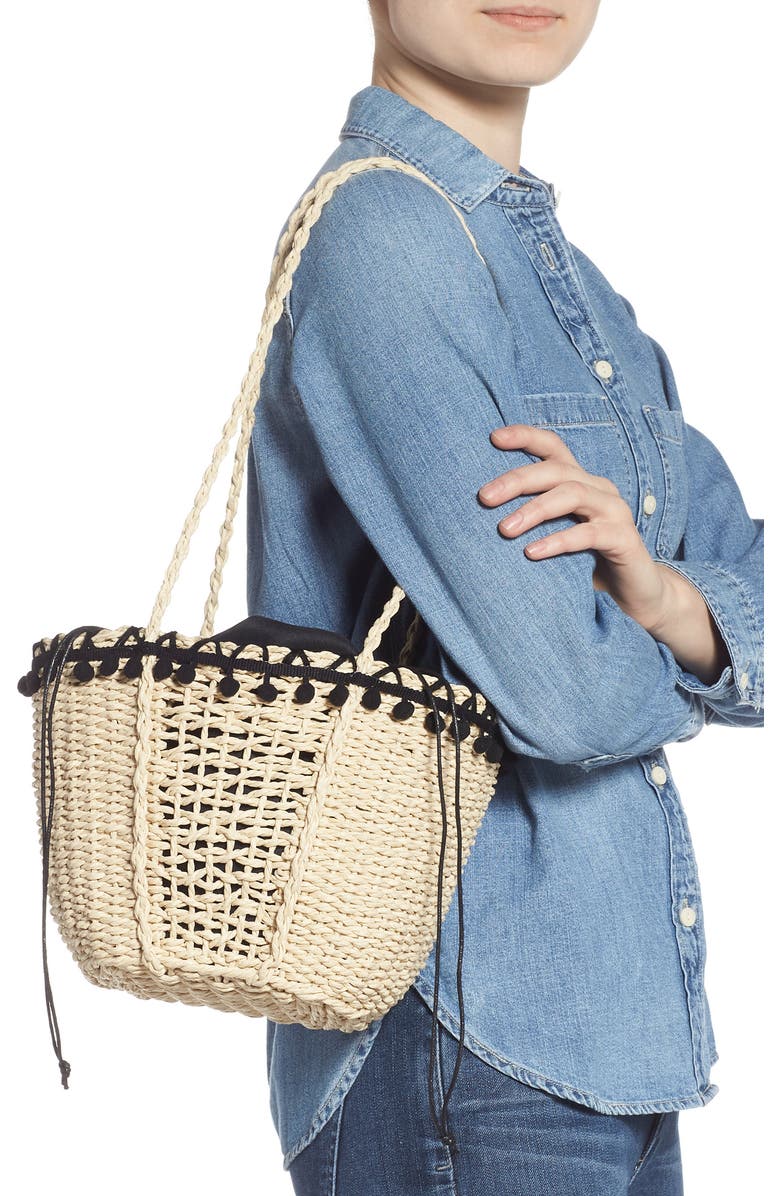 Knotty Straw Pompom Tote, Alternate, color,
