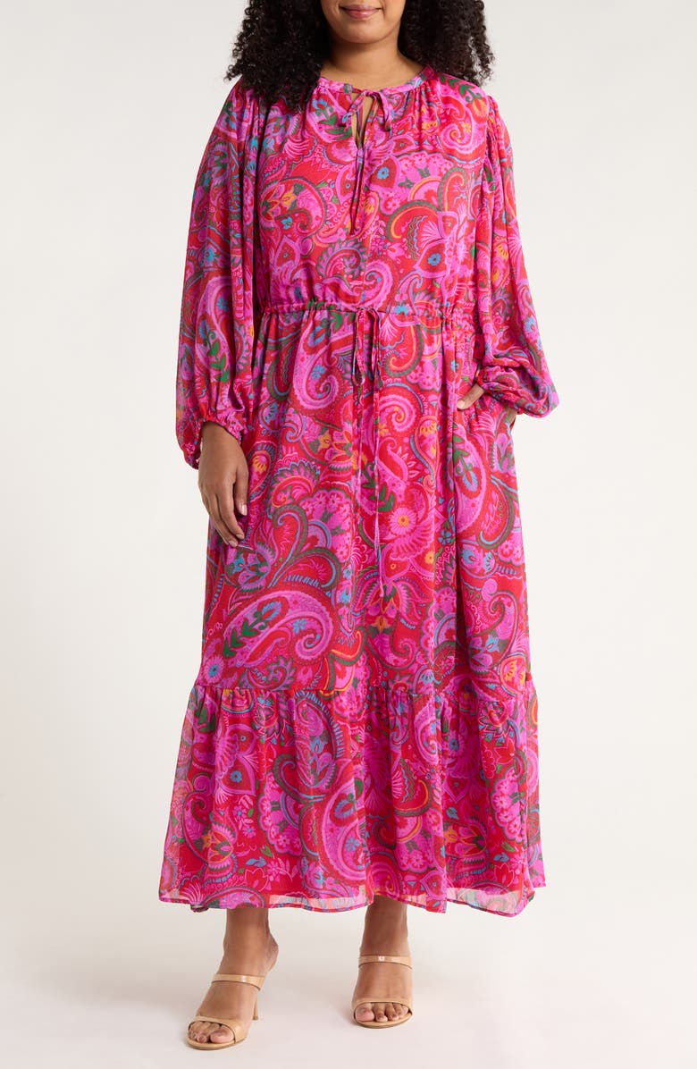 SUGARLIPS Anais Paisley Long Sleeve Georgette Midi Dress, Main, color, Fuchsia-Multi