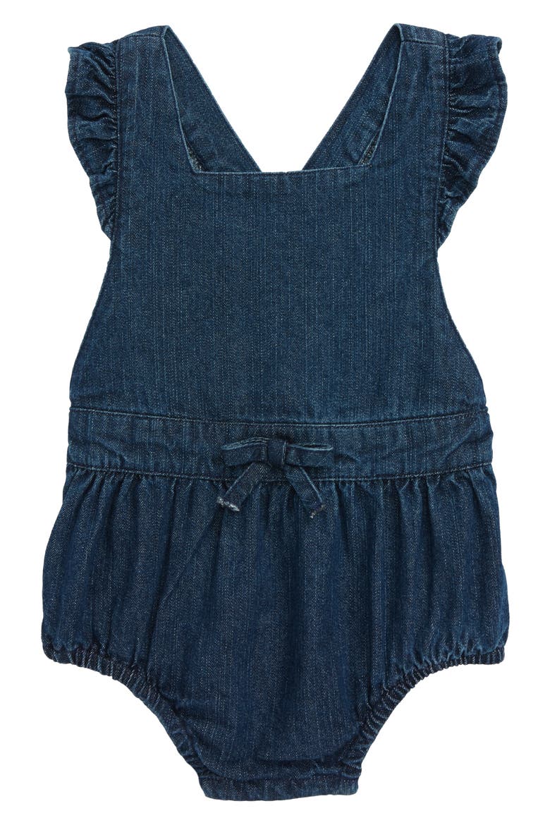 Organic Denim Ruffle Bubble Romper, Main, color, INDIGO