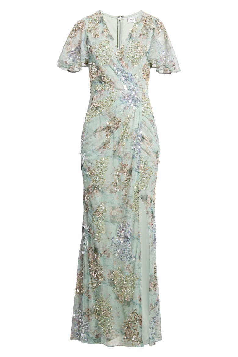 Embellished Butterfly Sleeve Faux Wrap Gown, Alternate, color, SEAMIST