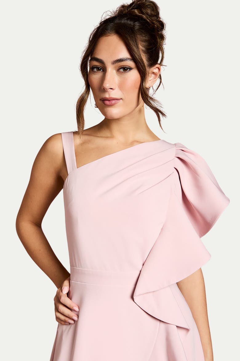 One Shoulder Crepe Ruffle Midi Dress, Alternate, color, Blush