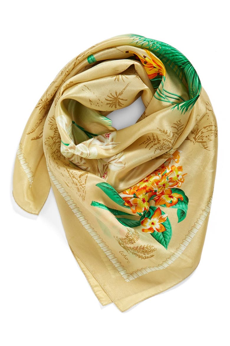 'Vintage Lily' Print Silk Square Scarf, Main, color, KHAKI