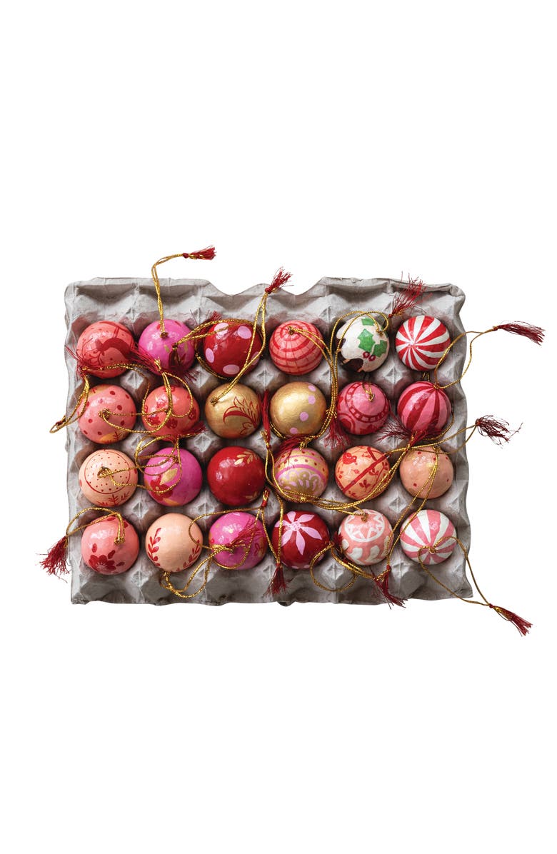 Storied Home 24-Piece Hand-Painted Paper Mache Ball Ornaments with Tassel in Egg Crate, Multicolor, Main, color, 