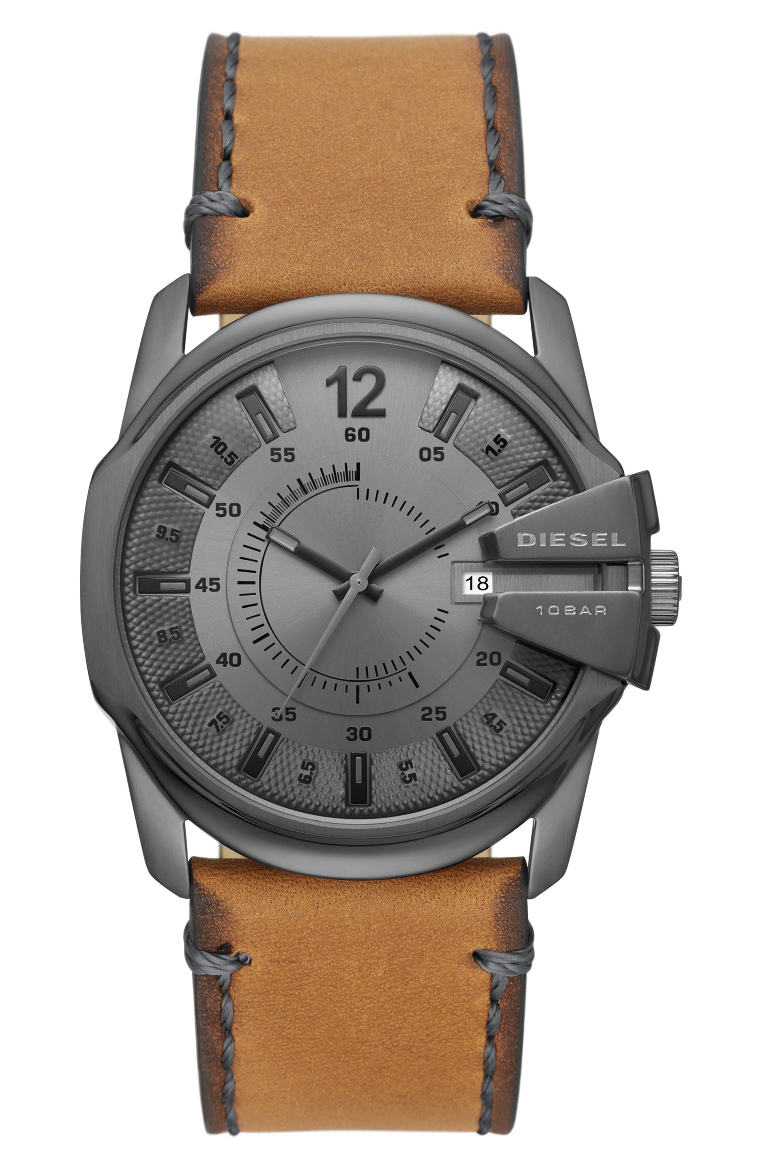 DIESEL® Master Chief Quartz Leather Strap Watch, 43mm