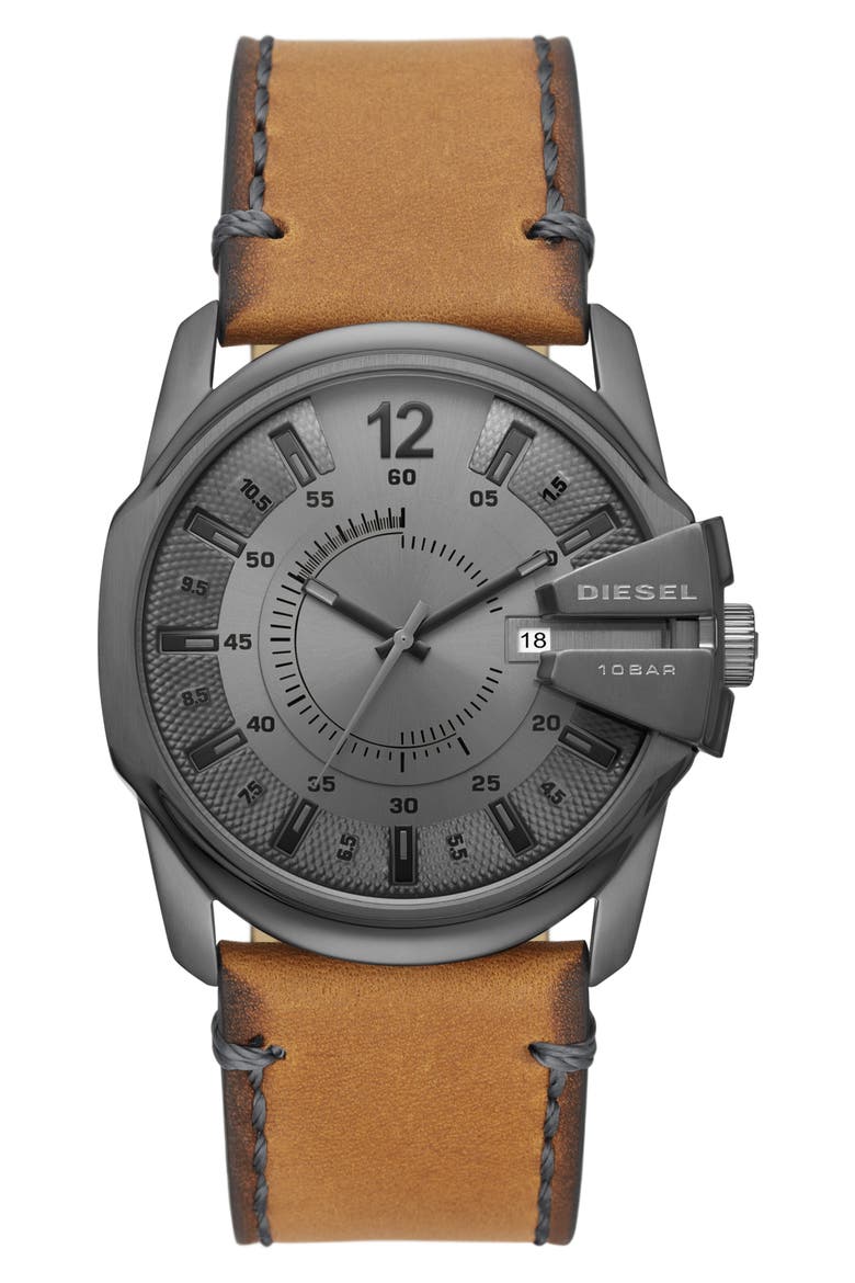 Master Chief Quartz Leather Strap Watch, 43mm, Main, color, GUNMETAL