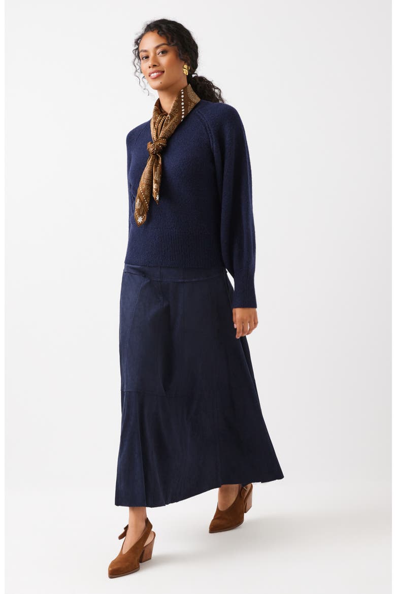 Tiered Faux Suede Midi Skirt, Alternate, color, NAVY