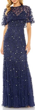 Mac Duggal Women's Embellished Illusion Cape Sleeve Trumpet Gown
