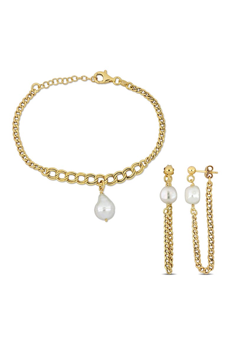 Cultured Freshwater Pearl Chain Bracelet & Front/Back Earrings Set, Main, color, GOLD