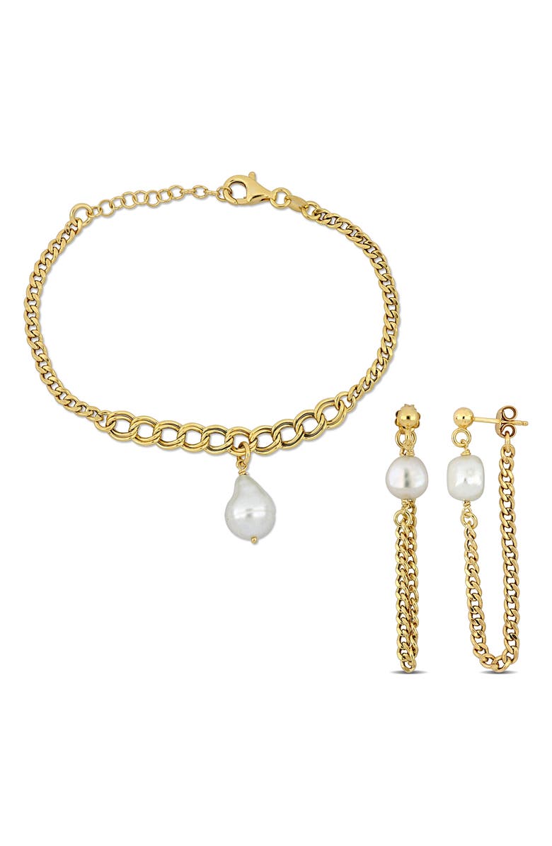 DELMAR Cultured Freshwater Pearl Chain Bracelet & Front/Back Earrings Set, Main, color, Gold