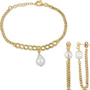 DELMAR Cultured Freshwater Pearl Chain Bracelet & Front/Back Earrings Set