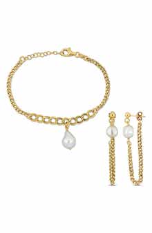 DELMAR Cultured Freshwater Pearl Chain Bracelet & Front/Back Earrings Set