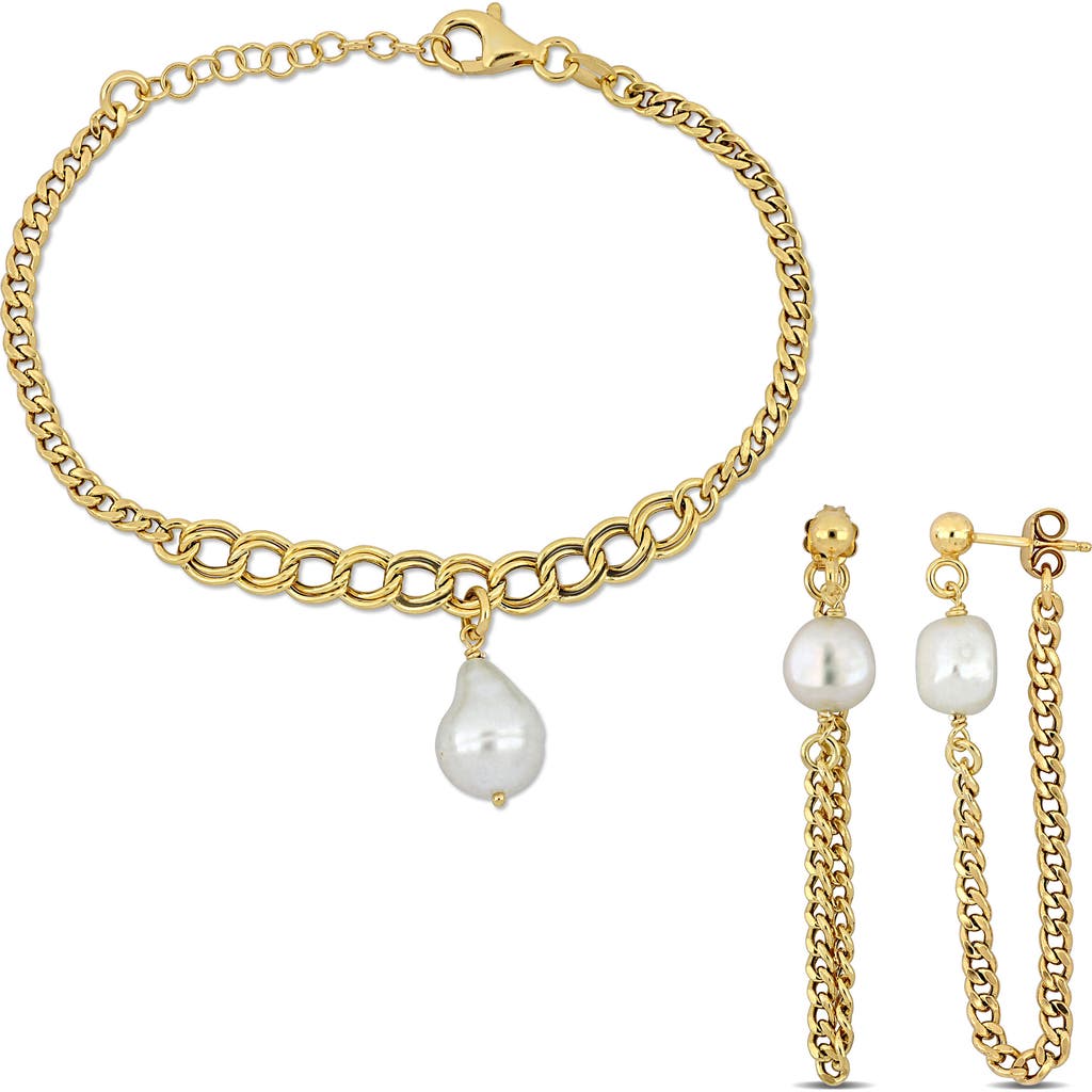 Delmar Cultured Freshwater Pearl Chain Bracelet & Front/back Earrings Set
