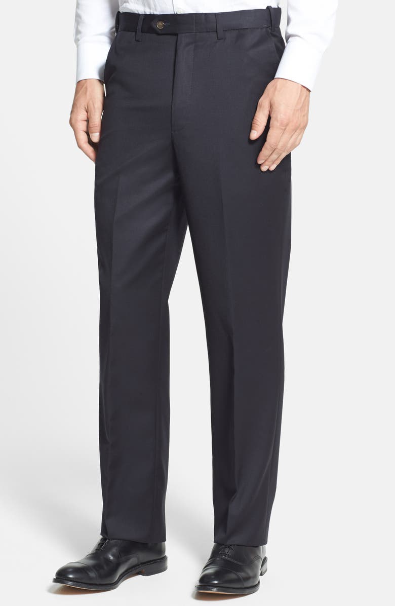 Berle Self Sizer Waist Flat Front Classic Fit Wool Gabardine Trousers, Alternate, color, Black