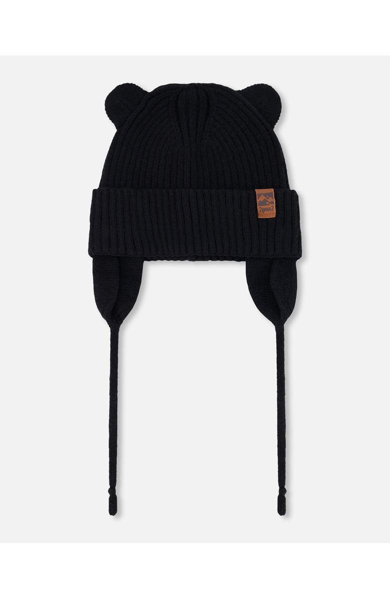 Deux par Deux Gender Inclusive Logo Patch Ribbed Knit Hat, Main, color, Black