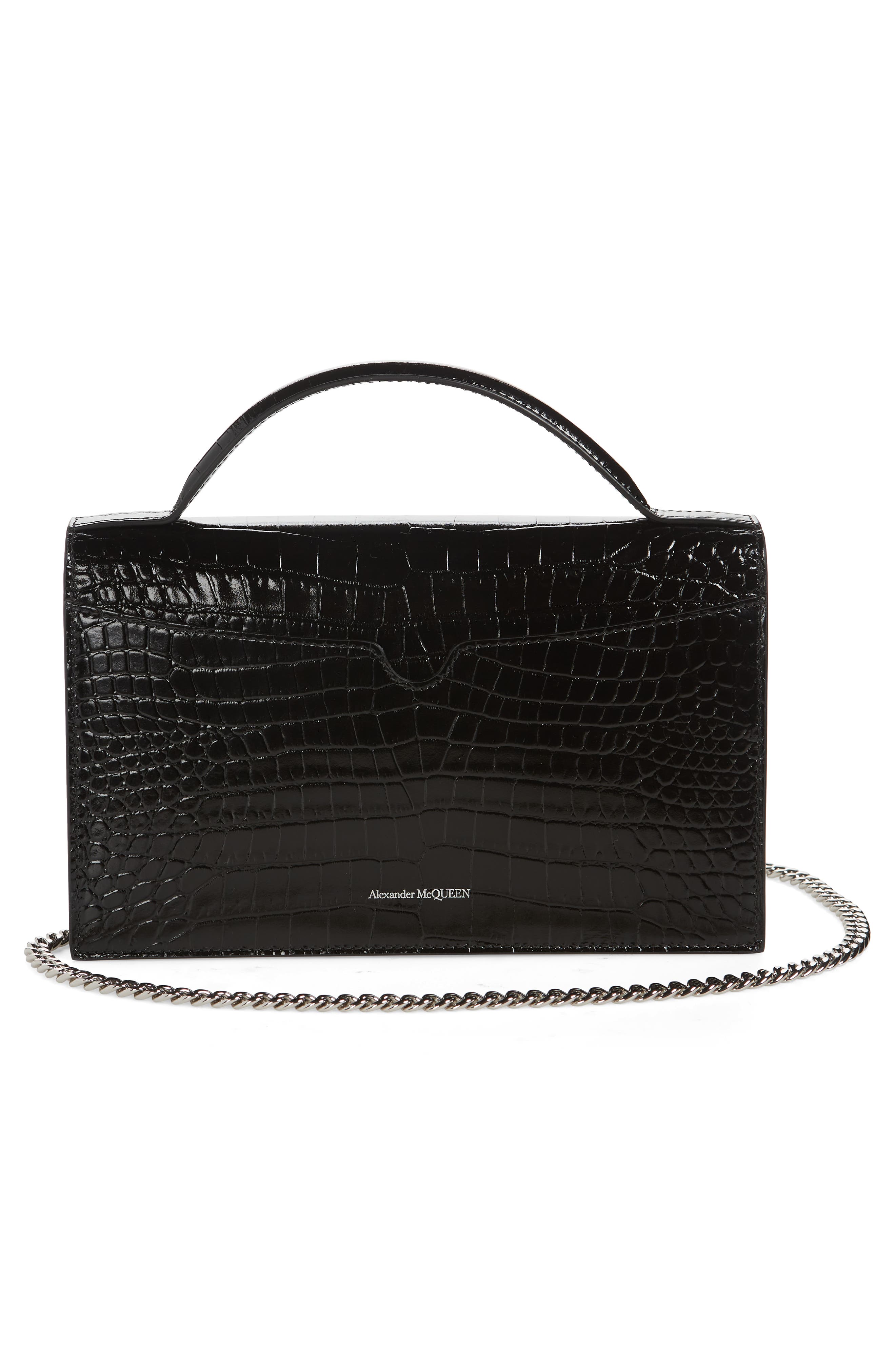 McQueen Medium Skull Croc Embossed Leather Top Handle Bag, Alternate, color, 1000 Black