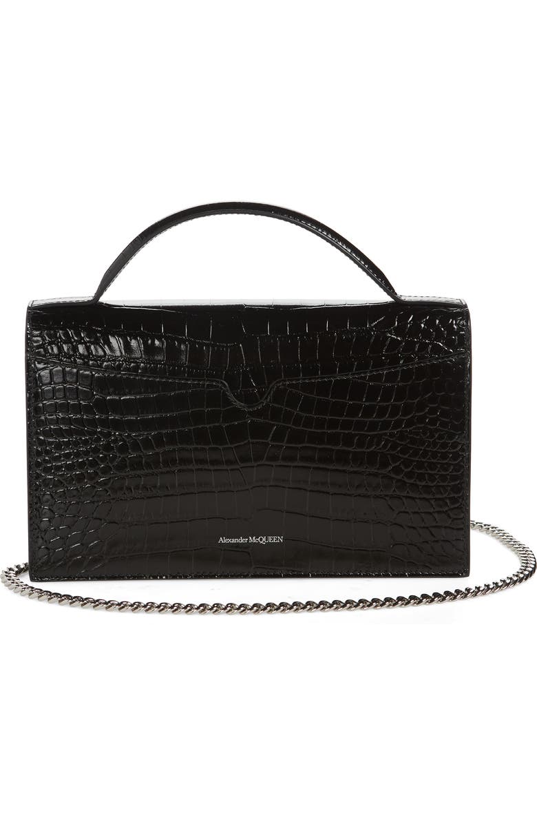 McQueen Medium Skull Croc Embossed Leather Top Handle Bag, Alternate, color, 1000 Black